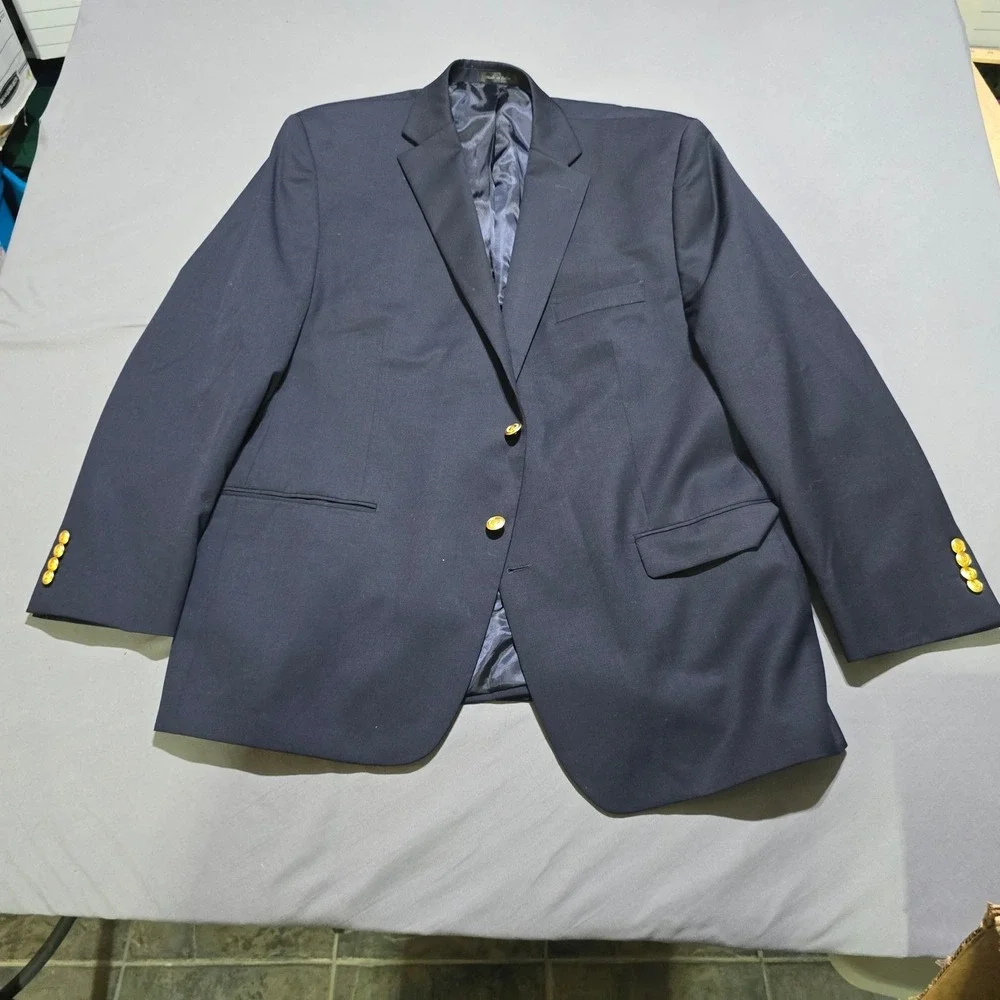 Chaps Blazer Mens 48R Navy Blue Wool Blend Gold Crest Button Sport Coat Jacket